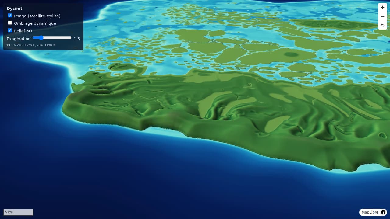 Vue 3D d'une île boisée de l'archipel de Dysmit, au bord d'un lagon.