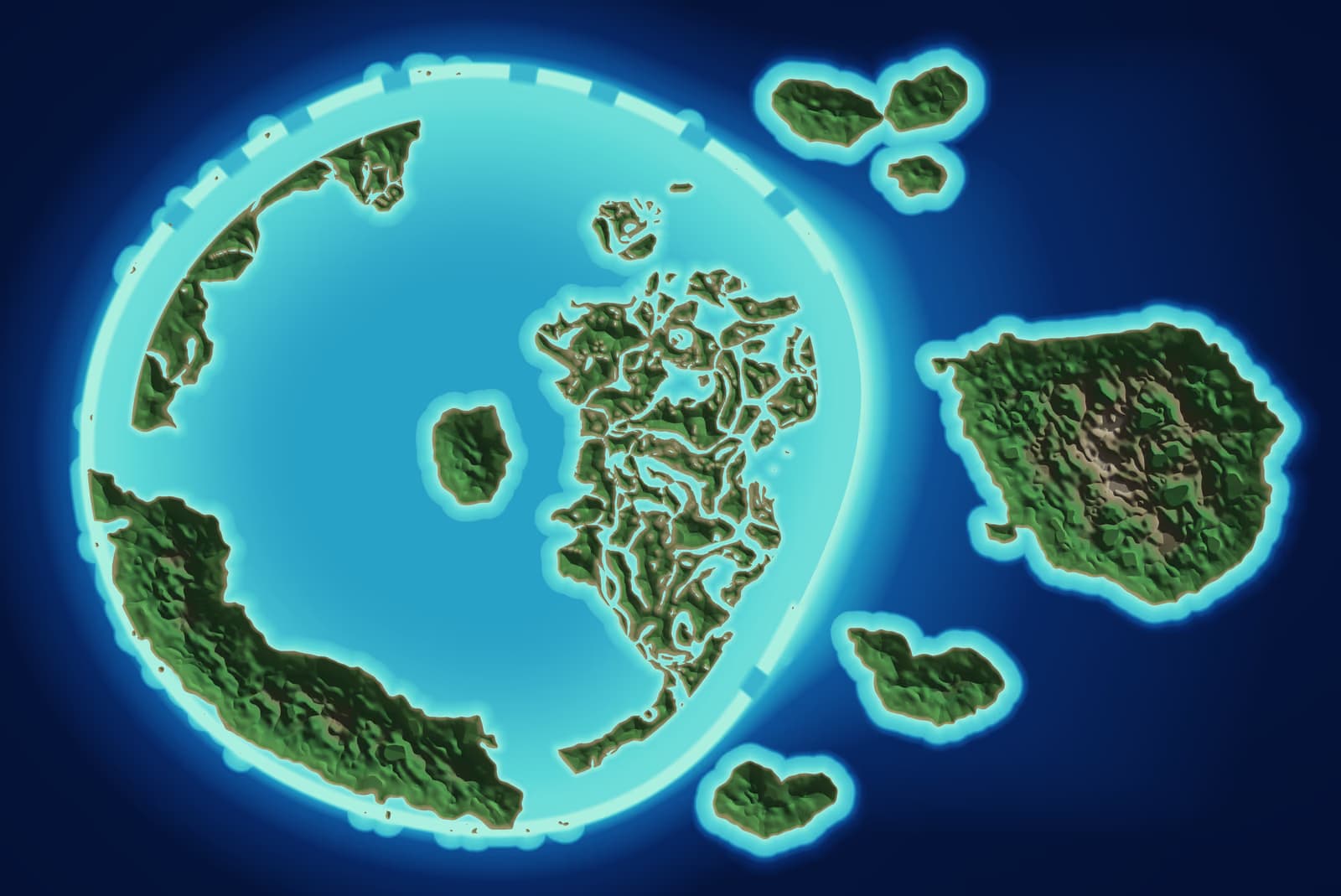Vue du dessus de la première version de l'archipel : un lagon circulaire dont la terre est éclatée en une multitude de petits fragments, avec quelques îles isolées autour.