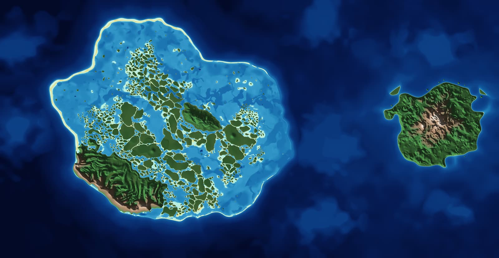 Vue du dessus de la seizième version de l'archipel : un lagon bleu clair parsemé d'îlots, une grande île boisée au sud-ouest et une île isolée à l'est.