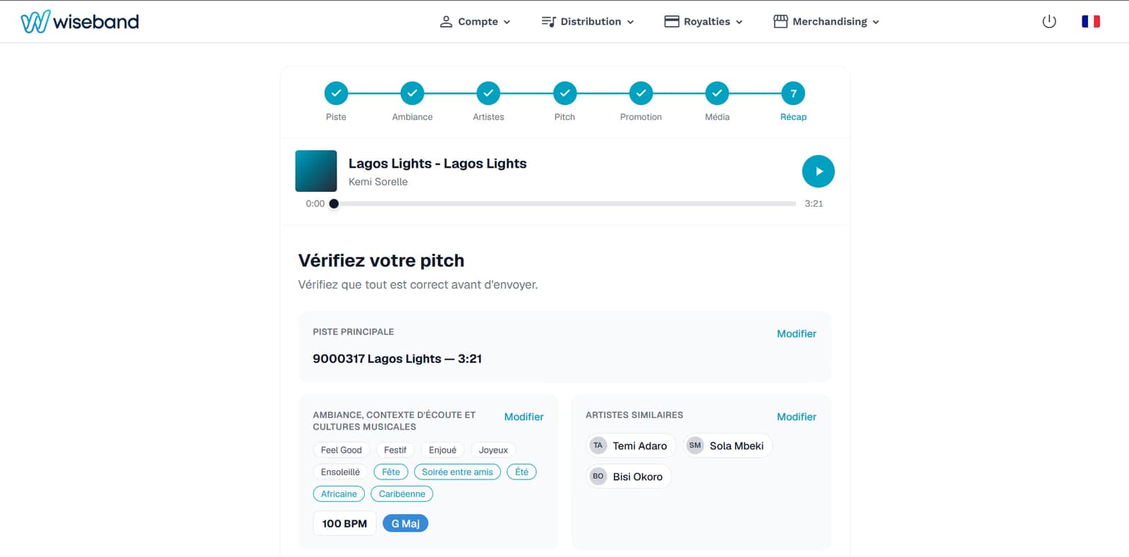 Capture du récapitulatif du formulaire de pitch, sous la barre de navigation de Wiseband : les sept étapes, un lecteur audio sur la piste, puis la piste principale, l'ambiance et les artistes similaires à vérifier avant l'envoi.